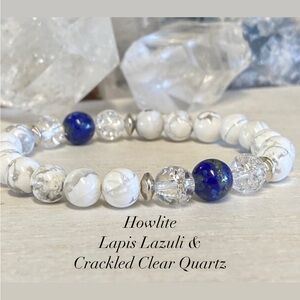 8mm Howlite, Lapis Lazuli & Crackled Clear Quartz Gemstone Bracelet